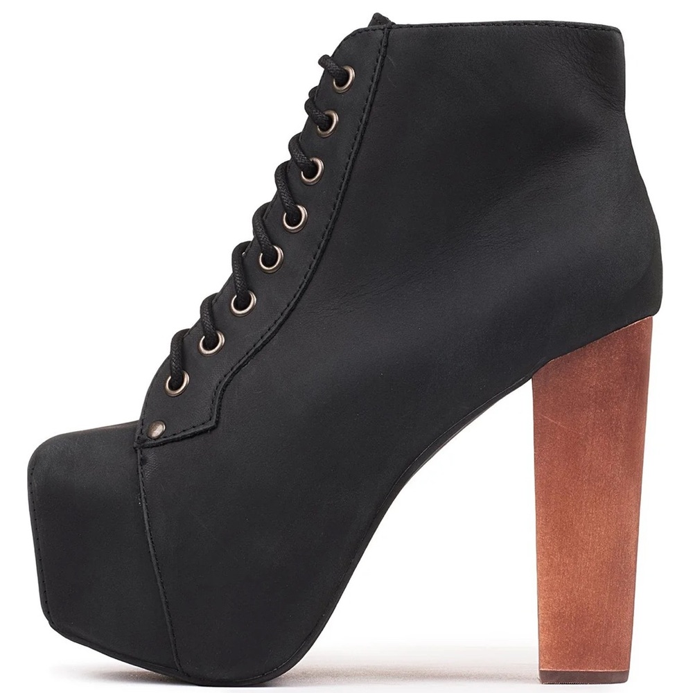 Jeffrey Campbell Black Leather Lita Platform Boot with Wooden Heel